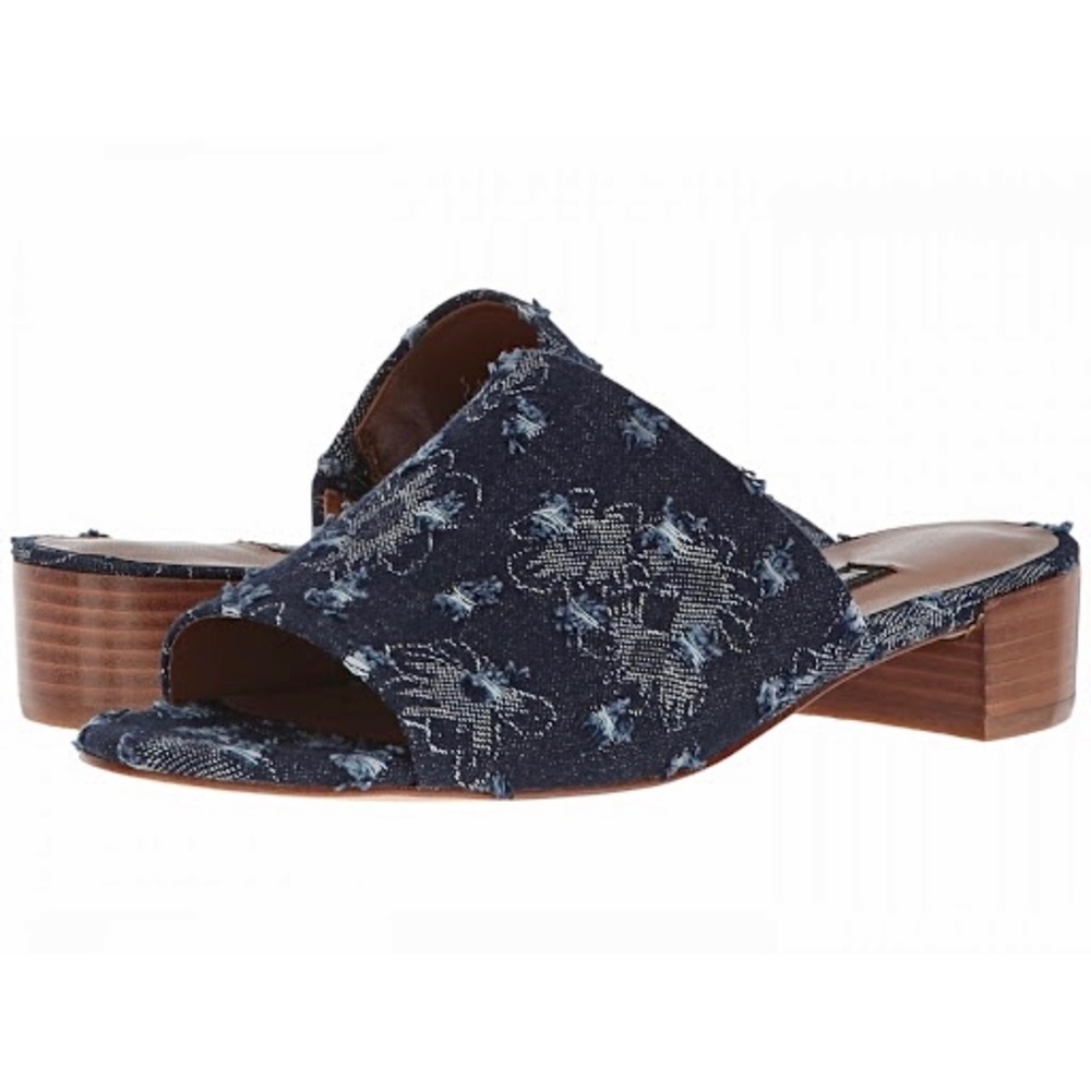 Nine West Raissa Slide Sandal Blue Denim Mule Block Heel Fashion Shoes Open Toe - Picture 2 of 7